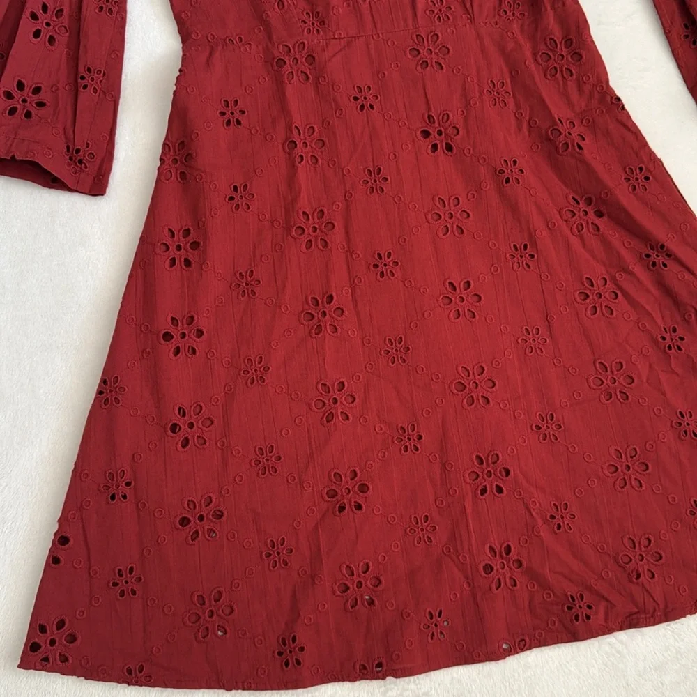 Beyond by Vera | 1891 Victoria Embroidered Eyelet Lace Bell Sleeve Dress Red (M) - Picture 7 of 16